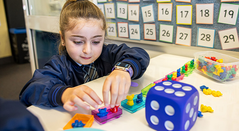 Holy Trinity Catholic Primary School Granville students learning with giant dice
