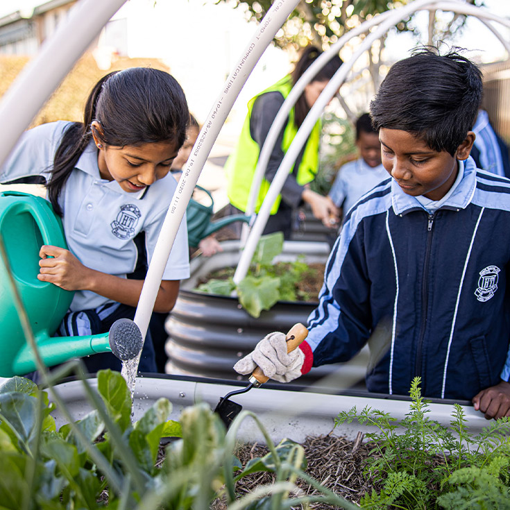 Holy Trinity Catholic Primary School Granville students in garden