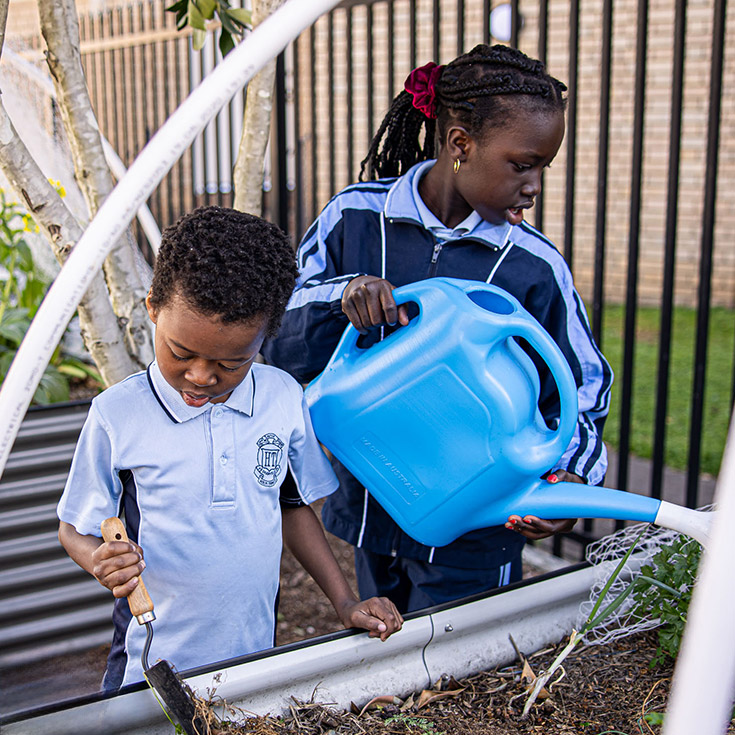 Holy Trinity Catholic Primary School Granville students in garden