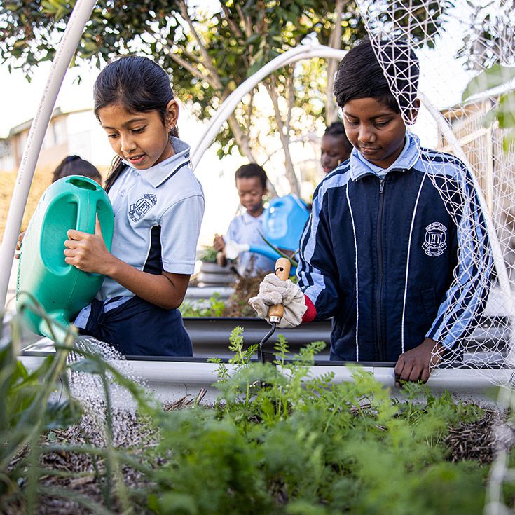 Holy Trinity Catholic Primary School Granville students working in garden